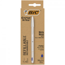 BIC Cristal Re'New, Penna Ricaricabile Blu a Sfera, Fusto in Metallo (Punta 1mm), Confezione 1 Penna + 2 Ricariche