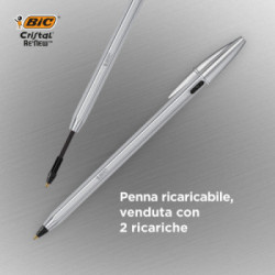 BIC Cristal Re'New, Penna Ricaricabile Blu a Sfera, Fusto in Metallo (Punta 1mm), Confezione 1 Penna + 2 Ricariche