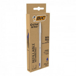 BIC Cristal Re'New, Penna Ricaricabile Blu a Sfera, Fusto in Metallo (Punta 1mm), Confezione 1 Penna + 2 Ricariche