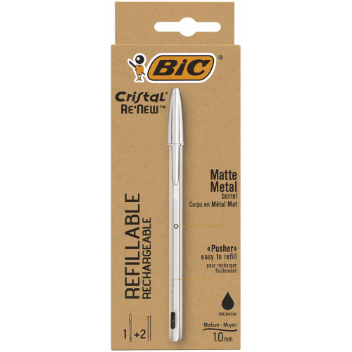 BIC Cristal Re'New, Penna Ricaricabile Nera a...