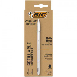 BIC Cristal Re'New, Penna Ricaricabile Nera a Sfera, Fusto in Metallo (Punta 1mm), Confezione 1 Penna + 2 Ricariche