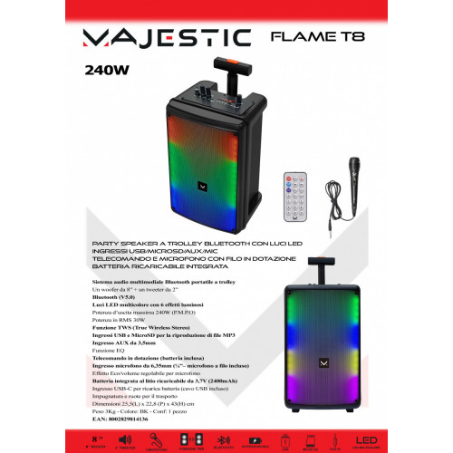 New Majestic Flame T8 Sistema PA trolley 30 W Nero