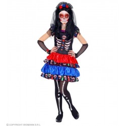 COST.MUJER DIA DE LOS MUERTOS (vestito, scaldabraccia, copricapo con velo) Taglia (140 cm / 8-10 Years)