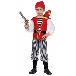COSTUME PIRATA 116 CM (4-5 ANNI) - MAGLIETTA CON GILET E CINTURA, COPRISTIVALI E PAPPAGALLO