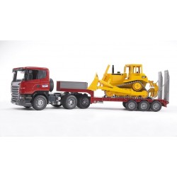 Bruder 03555 - Camion Scania Serie R con Carro a Pianale Ribassato e Bulldozer CAT