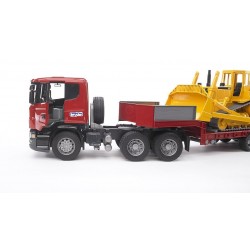 Bruder 03555 - Camion Scania Serie R con Carro a Pianale Ribassato e Bulldozer CAT