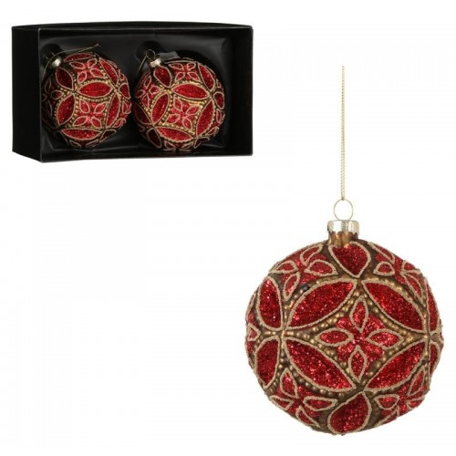 confezione 2 palline rosse con decorazioni oro