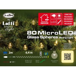 Catena 80 Sfere Vetro Trasparente Diametro 18mm 80 MicroLED BIANCO CALDO Prolungabile Luce Fissa Trasformatore IP20 Interno
